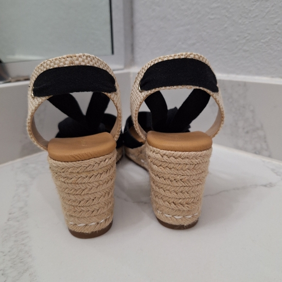 Kelly And Katie Black Espadrille Wedge Sandals with Wraparound Ankle Tie Bow - Picture 6 of 12